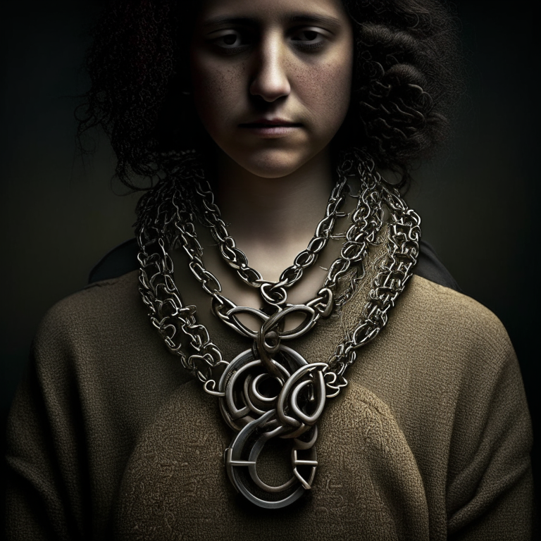 a person wearing a necklace made of locks