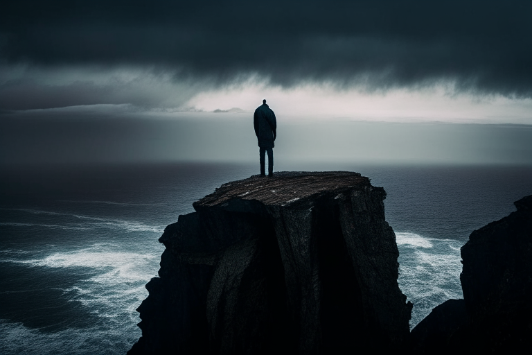 a dramatic and moody shot of a lone figure standing on a cliff overlooking the ocean