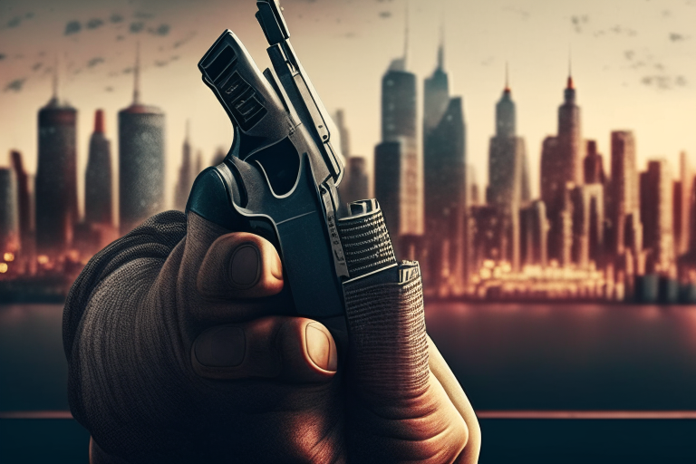 a close-up of a pair of hands holding a gun, with a city skyline in the background