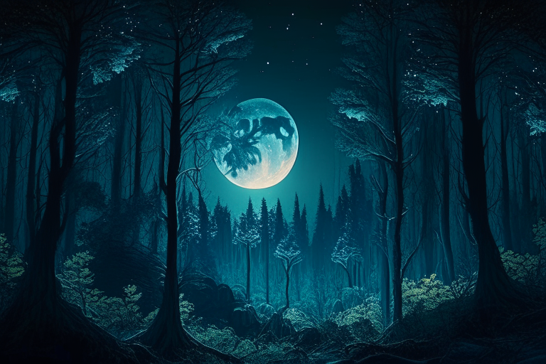 a surreal and dreamlike landscape of a forest at night, with a full moon shining through the trees