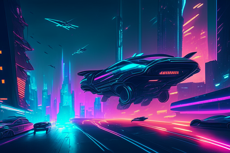 a futuristic cityscape at night, with neon lights and flying cars zooming by