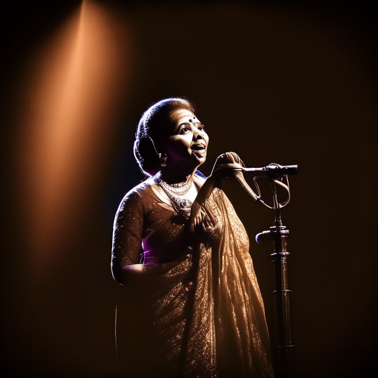 Asha Bhosle singing on a stage with a spotlight on her