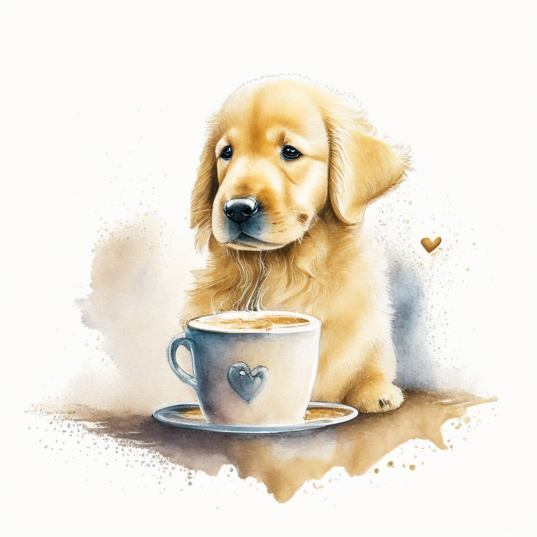 a Golden Retriever puppy drinking a latte with heart-shaped art, painted in watercolor style