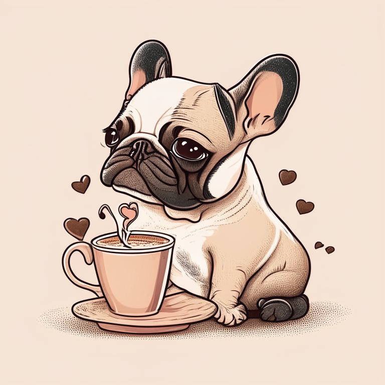 a French Bulldog puppy drinking a latte with heart-shaped art, drawn in a cartoon style