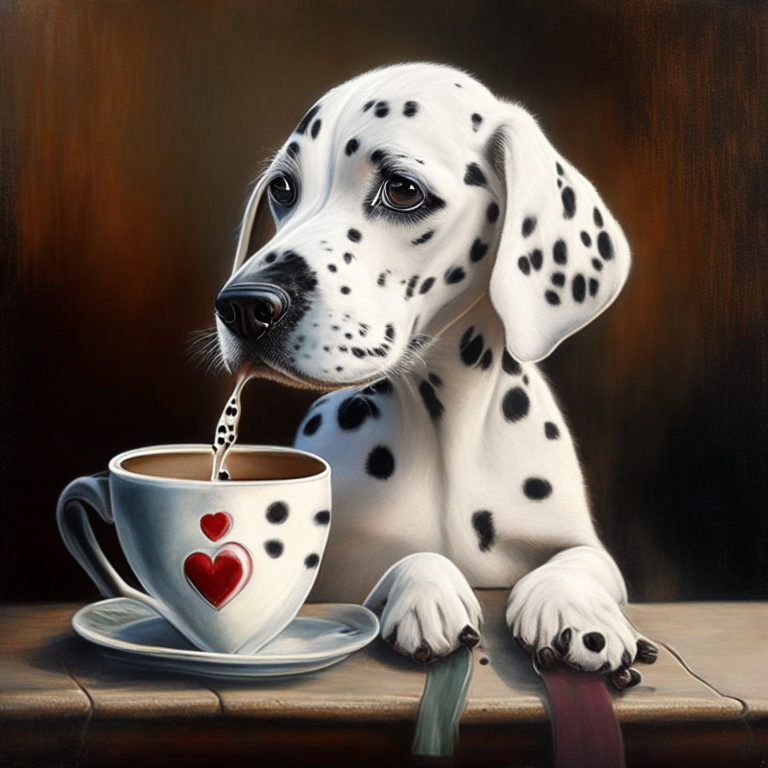 a Dalmatian puppy drinking a latte with heart-shaped art, painted in an oil painting style