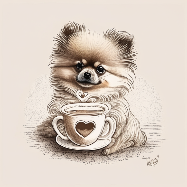 a Pomeranian puppy drinking a latte with heart-shaped art, drawn in a sketch style