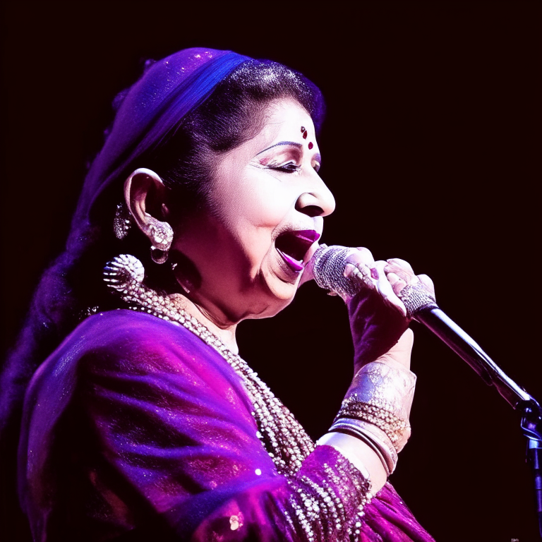 Asha Bhosle singing into a microphone on stage