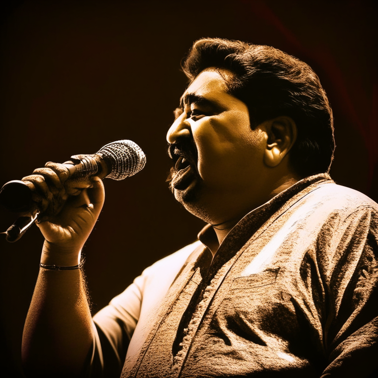Kumar Sanu singing into a microphone on stage