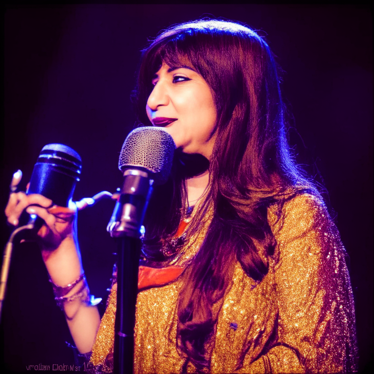 Alka Yagnik singing into a microphone on stage