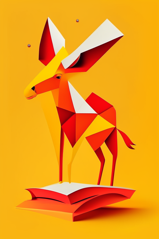 an abstract animal and book made of simple geometric shapes, with a bright and cheerful red color scheme and pops of yellow