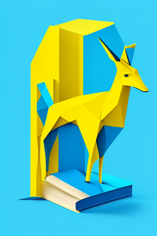 an abstract animal and book made of simple geometric shapes, with a bright and cheerful blue color scheme and pops of yellow