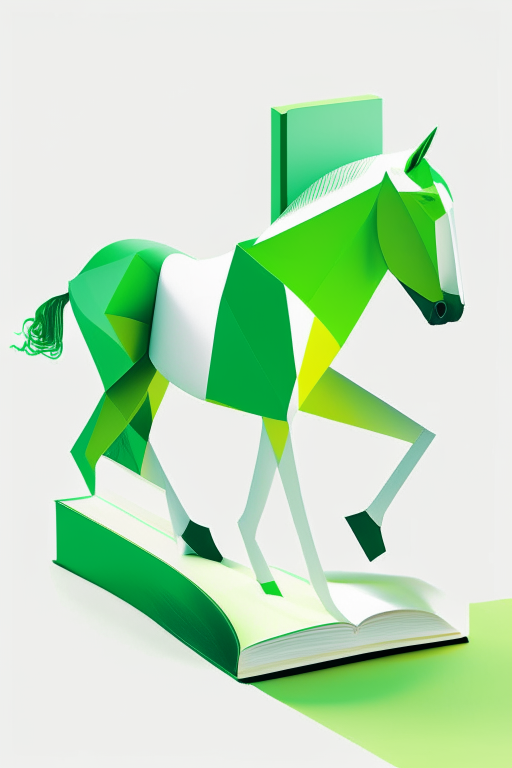 an abstract horse and book made of simple geometric shapes, with a bright and cheerful green color scheme and pops of white