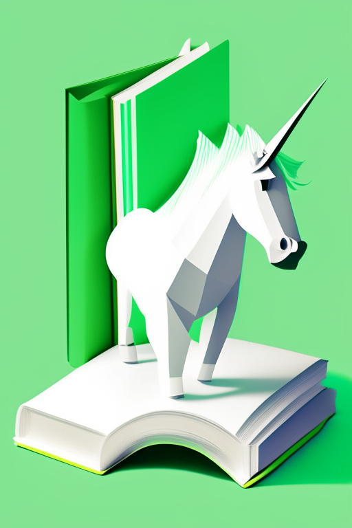 an abstract unicorn and book made of simple geometric shapes, with a bright and cheerful green color scheme and pops of white the unicorn and book are positioned on the left side of the image, with 30% of the right side left blank