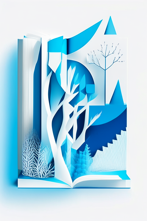 an abstract forest, sea, and book made of simple geometric shapes, with a bright and cheerful blue color scheme and pops of white the image has 50% white space