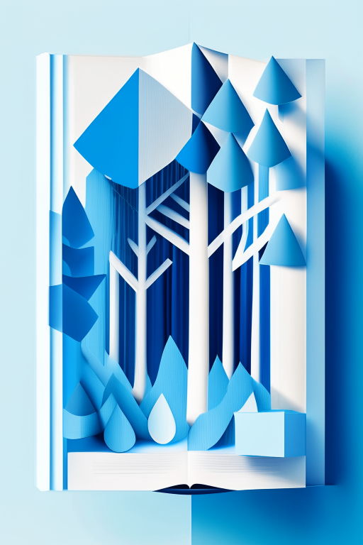 an abstract forest and book made of simple geometric shapes, with a bright and cheerful blue color scheme and pops of white the image has 50% white space