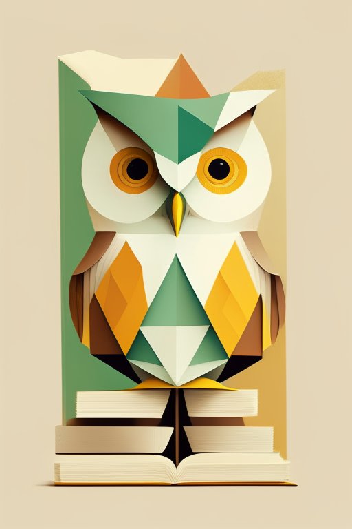 an abstract owl and book made of simple geometric shapes, with a bright and cheerful brown color scheme and pops of light green the image has 50% white space