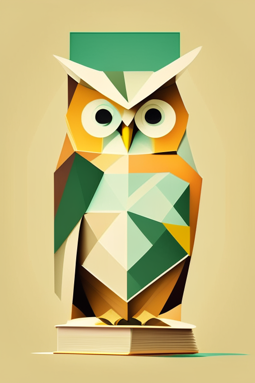 an abstract owl and book made of simple geometric shapes, with a bright and cheerful brown color scheme and pops of light green the image has 50% white space