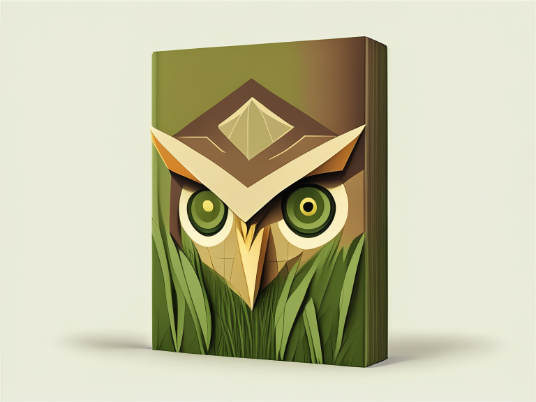 a cartoon-style book cover with a simple geometric design featuring an abstract owl head and book, with a brown color scheme and accents of grass green