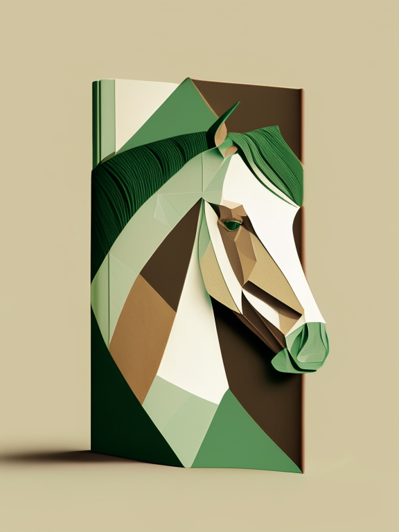 a book cover with a simple geometric design featuring an abstract horse head and book, with a brown color scheme and accents of light green, and a folded paper effect