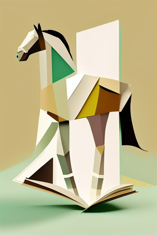 an abstract horse and book made of simple geometric shapes, with a cheerful brown color scheme and pops of light green, and a folded paper effect the image has 50% white space