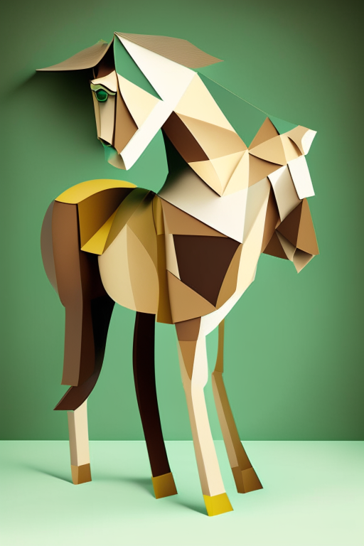 a front-facing abstract horse and book made of simple geometric shapes, with a cheerful brown color scheme and pops of light green, and a folded paper effect