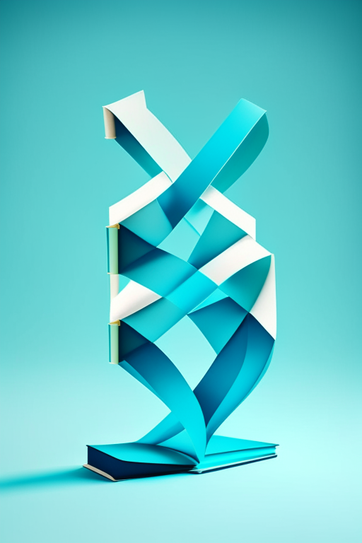 an abstract DNA double helix structure and book made of simple geometric shapes, with a cheerful blue color scheme and pops of light green, and a folded paper effect