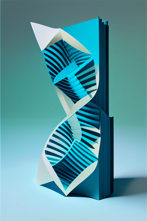 an abstract DNA double helix structure and book made of simple geometric shapes, with a cheerful deep blue color scheme and pops of light green, and a folded paper effect