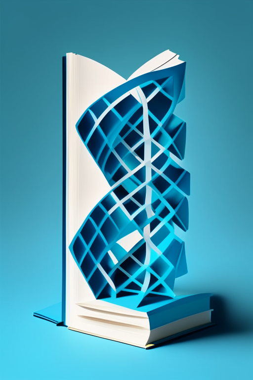 an abstract DNA double helix structure and book made of simple geometric shapes, with a cheerful deep blue color scheme and pops of light green, and a folded paper effect