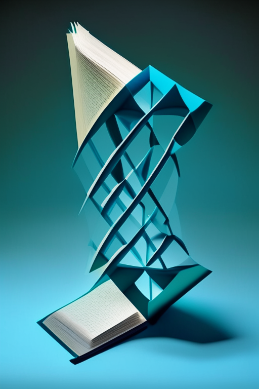 a simple DNA double helix structure and book made of basic geometric shapes, with a deep blue color scheme and pops of light green, and a folded paper effect