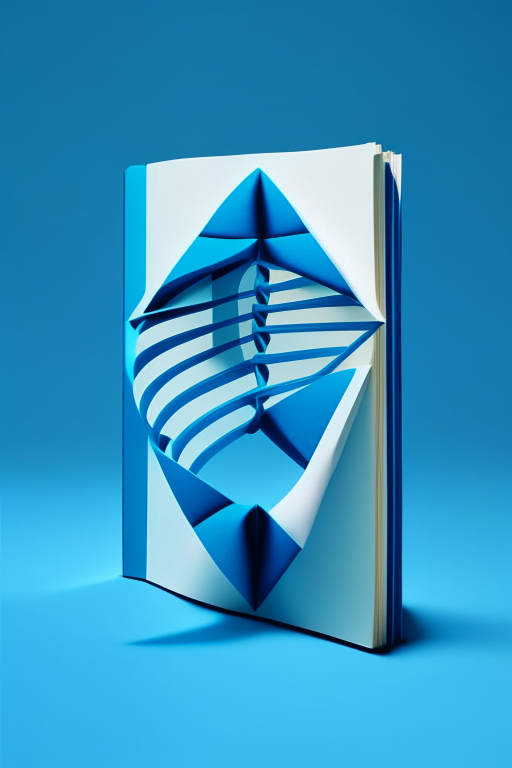 a simple DNA double helix structure and book made of basic geometric shapes, with a deep blue color scheme and pops of light green, and a folded paper effect, on a solid blue background