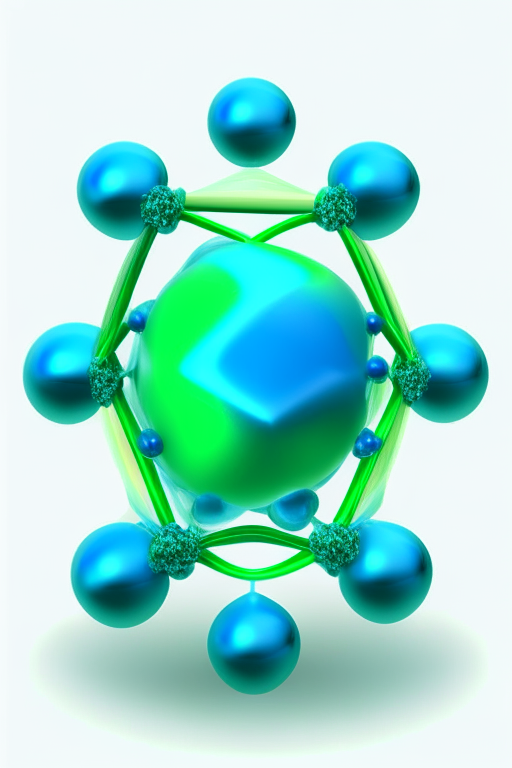 a stylized atom with a formula on a transparent background, with a blue and green color scheme