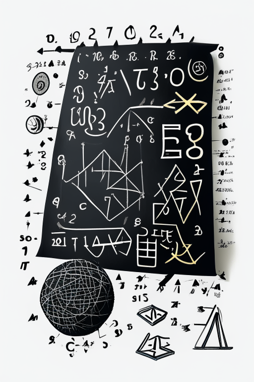 a stylized 2D cartoon of a chalkboard with mathematical formulas and equations, surrounded by geometric shapes and patterns, on a white background