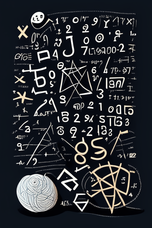 a stylized 2D cartoon of a chalkboard with mathematical formulas and equations, surrounded by geometric shapes and patterns, on a white background, in the style of Gunter Rambow