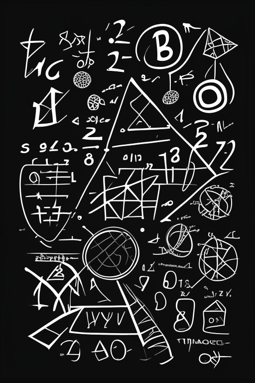 a stylized 2D cartoon of a chalkboard with mathematical formulas and equations, surrounded by geometric shapes and patterns, on a white background, in the style of Gunter Rambow