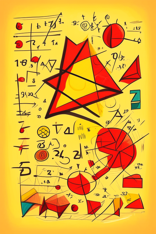 a stylized 2D cartoon of a chalkboard with mathematical formulas and equations, surrounded by geometric shapes and patterns, in red and yellow colors, on a white background, in the style of Gunter Rambow