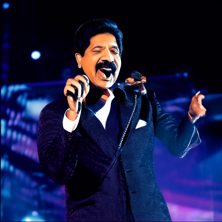 Udit Narayan singing on stage with a microphone in his hand