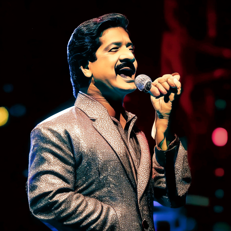 Udit Narayan singing on stage with a microphone in his hand
