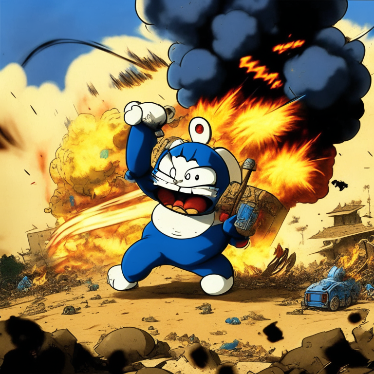 Doraemon fighting in a warzone with explosions and smoke in the background