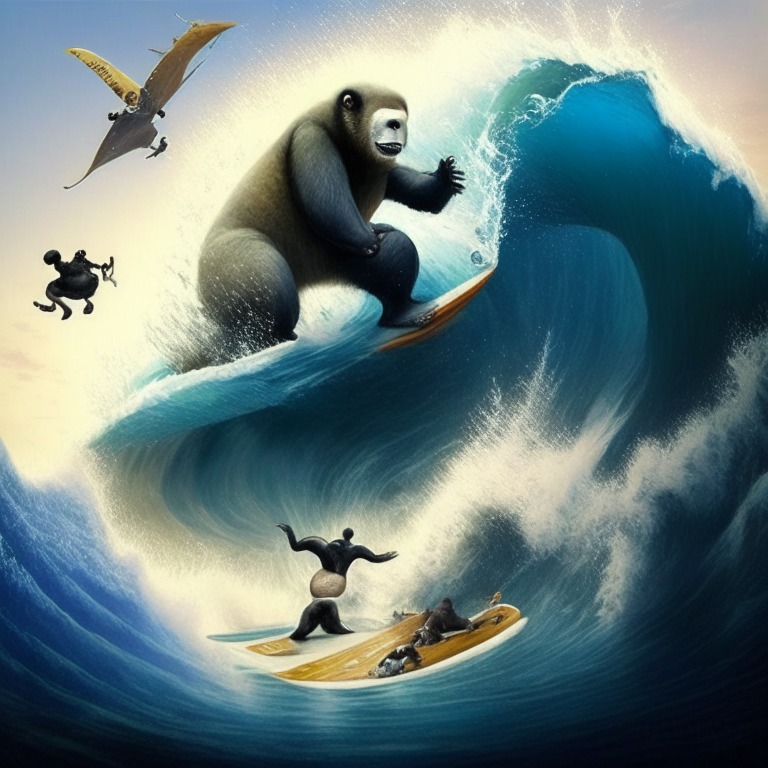 a chimpanzee surfing on a massive wave a koala surfing on a massive wave a panda surfing on a massive wave a kangaroo surfing on a massive wave