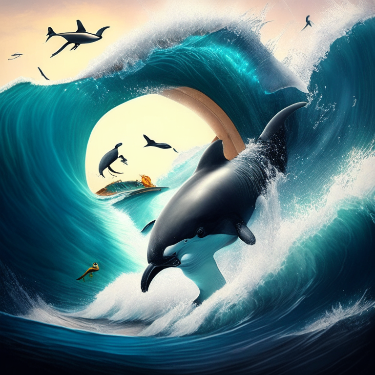 a dolphin surfing on a massive wave a sea turtle surfing on a massive wave a penguin surfing on a massive wave