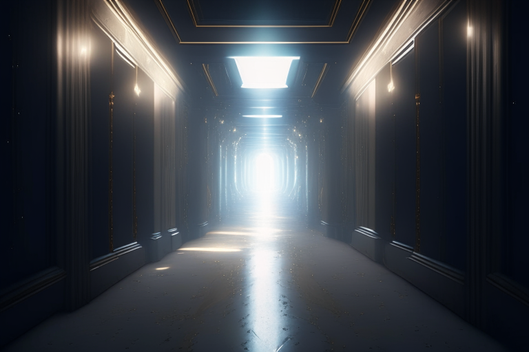 a quasar forming at the end of a long hallway in a liminal space with hyperrealistic details using Unreal Engine