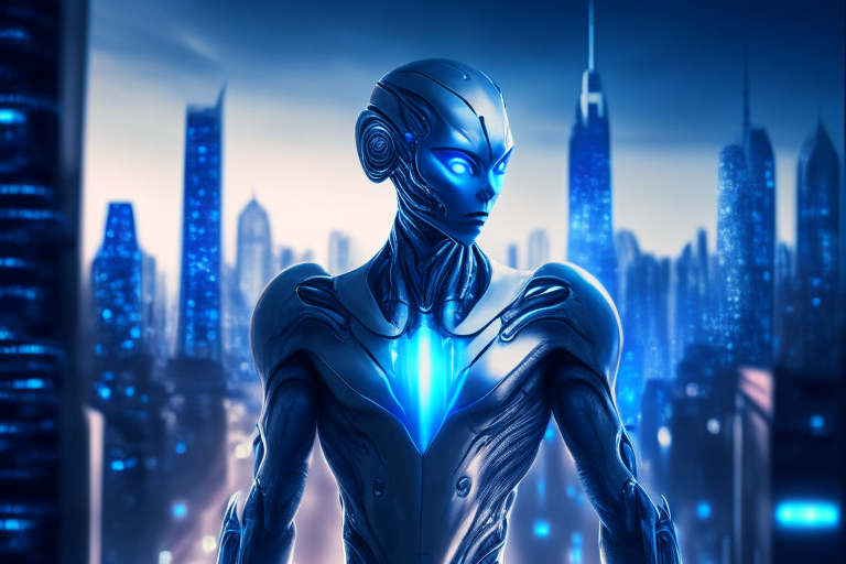 a humanoid alien with a sleek, metallic body and glowing blue eyes, standing in front of a futuristic cityscape