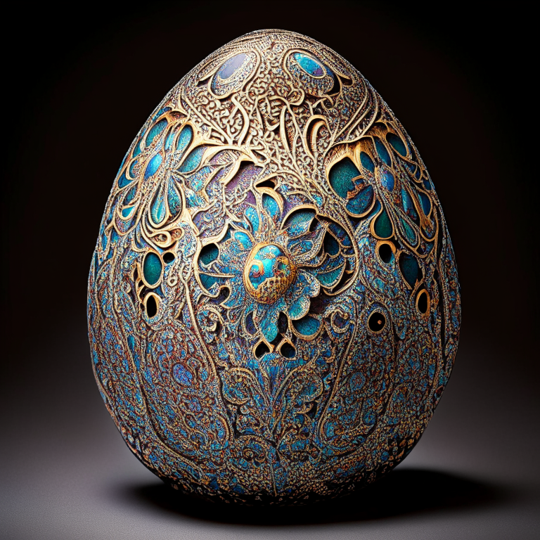 an egg covered in a highly intricate filigree pattern in different colors with extreme detail and photographic quality