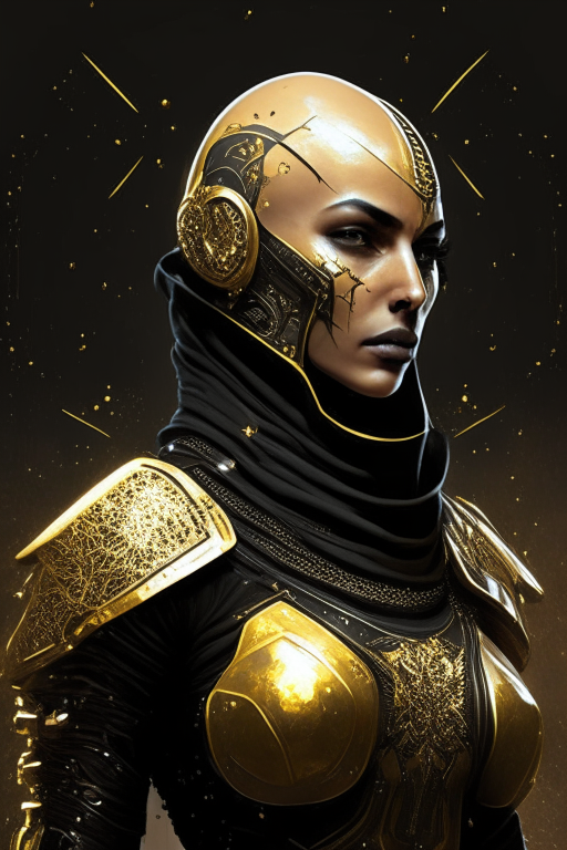 an Arabic female fanatic warrior with a bald head, ornamental scars, and scifi military armor in black and gold, set in a space opera