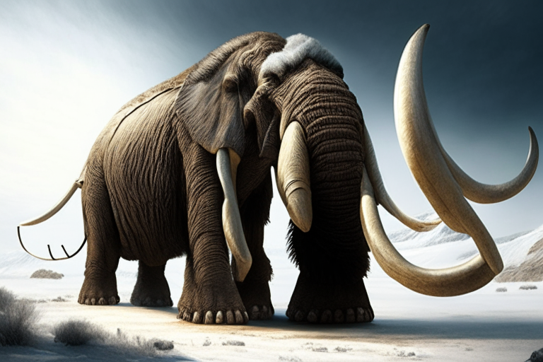 a giant armored mammoth with two large tusks, four legs, and a large trunk, with realistic and hyper-detailed features