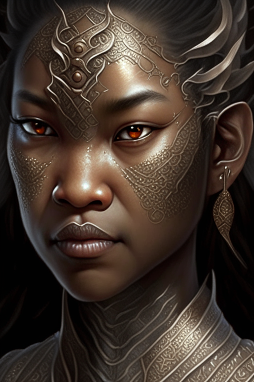 a dragon woman with brown skin, Asian eyes, and silver scales, with high detail