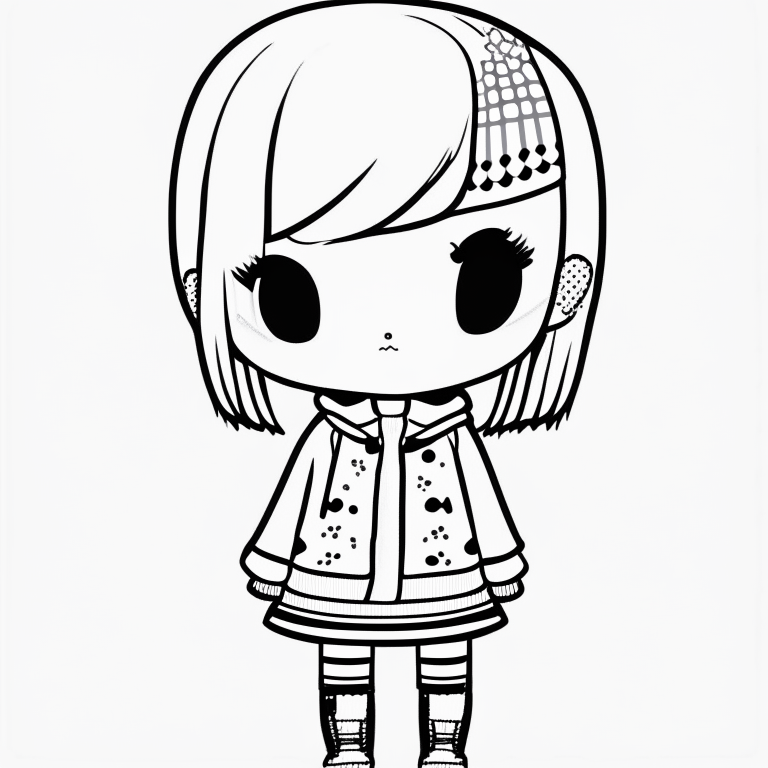 a kawaii-style character wearing fashionable clothes in black and white line art, with a minimalist design and a strong outline, on a white background, full body, coloring book style, no dither, no gradient, no fill, no solids, vector illustration