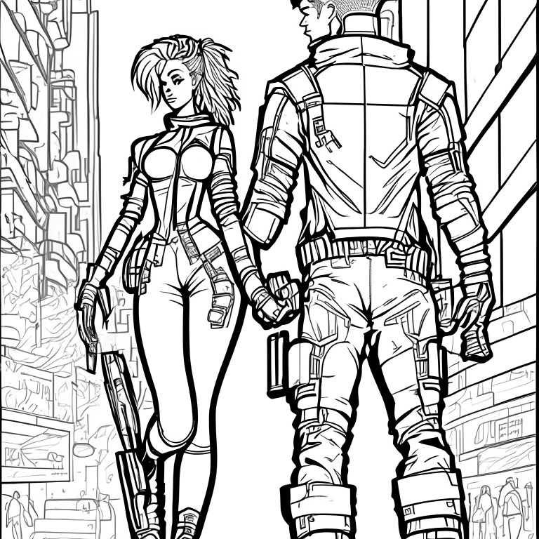 a coloring book page of a couple in love in a cyberpunk city, with a modern cartoon style, full body view