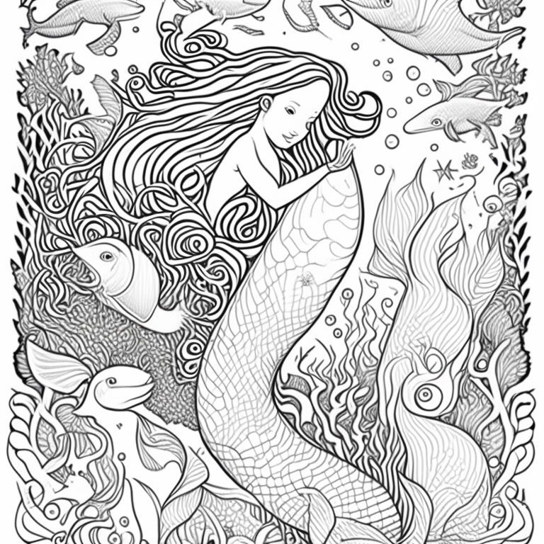 a high-detail adult coloring book page with a whimsical pattern of mermaids and sea creatures, thin black lines, and a white background