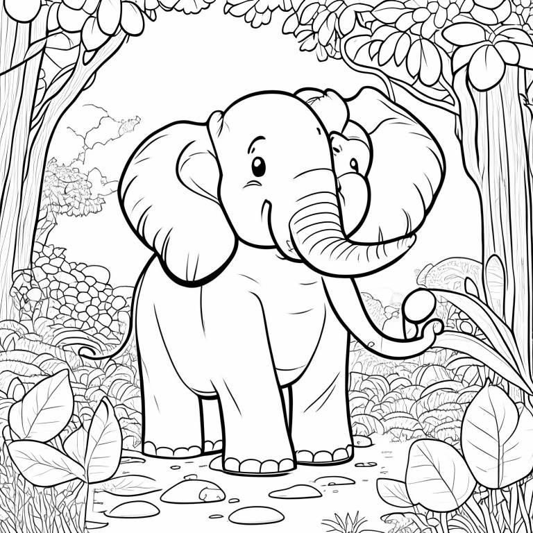 a black and white cartoon illustration of a happy elephant in nature, for a coloring book page, clean lines